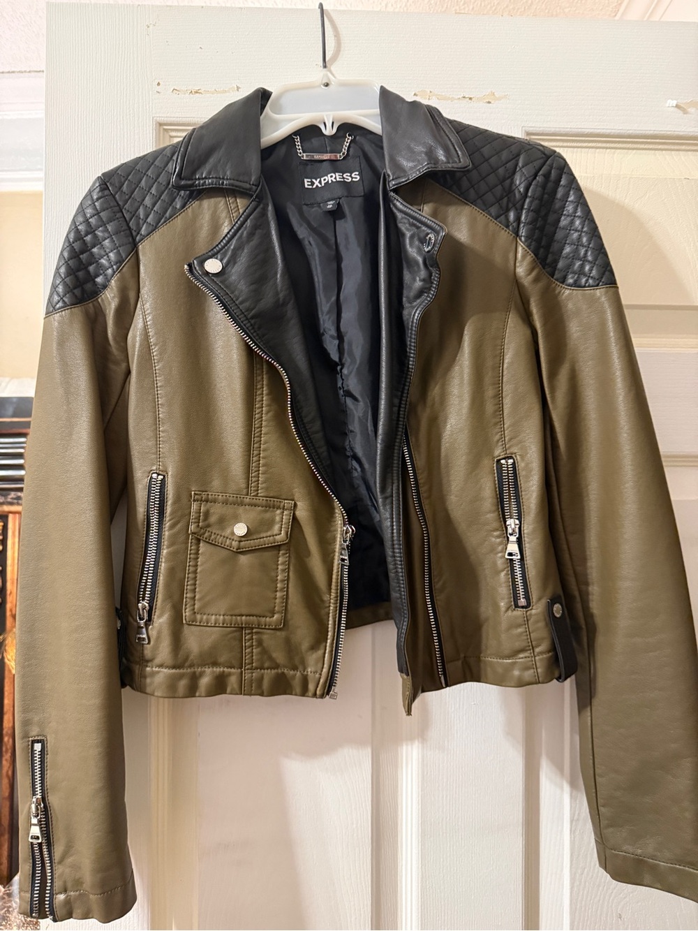 Express Olive and Black Faux Leather Moto Jacket